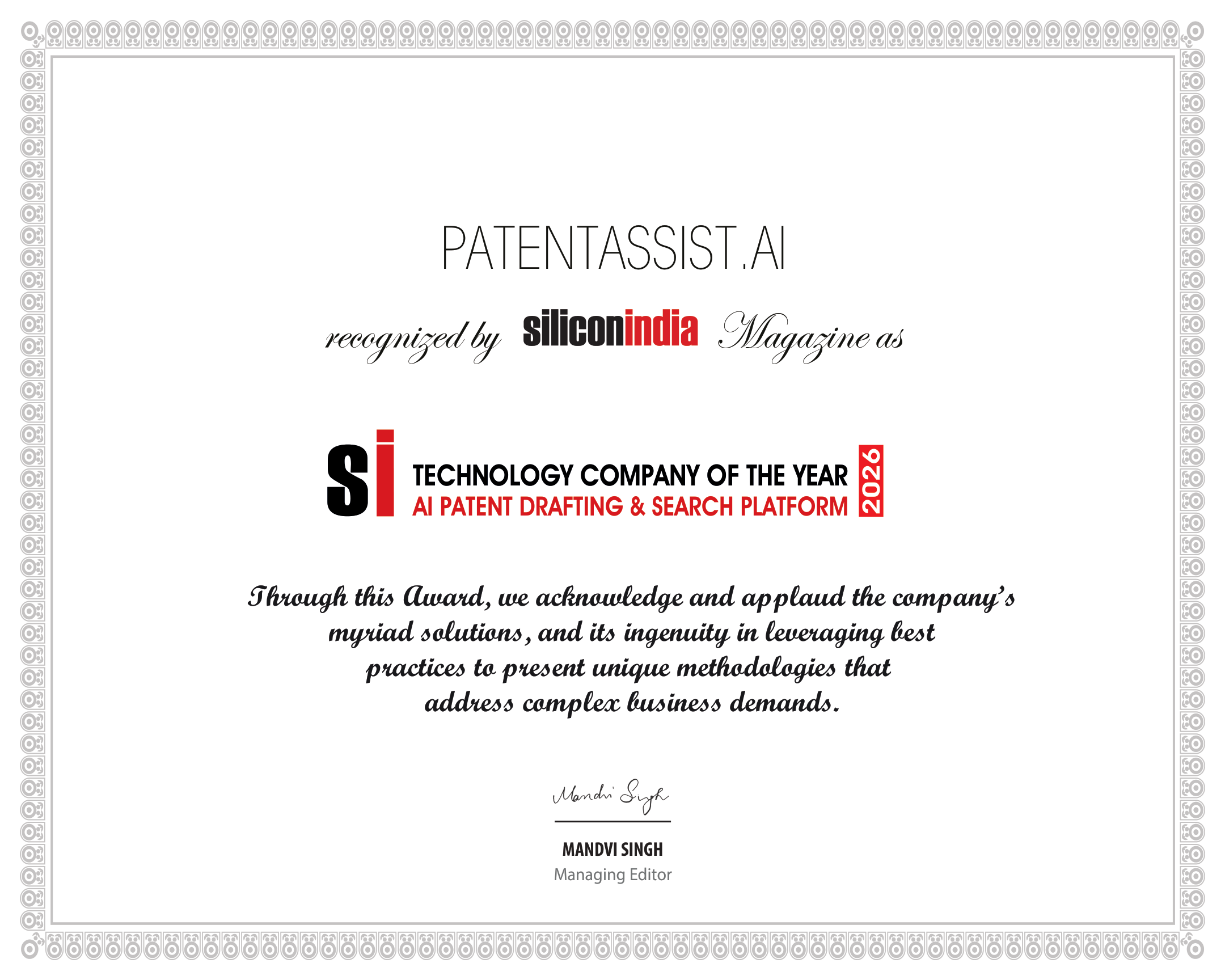 SiliconIndia Technology Company of the Year 2026 - AI Patent Drafting & Search Platform